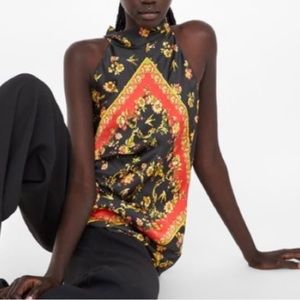 Zara printed black gold orange satin flowy halter summer date night top. Size XS
